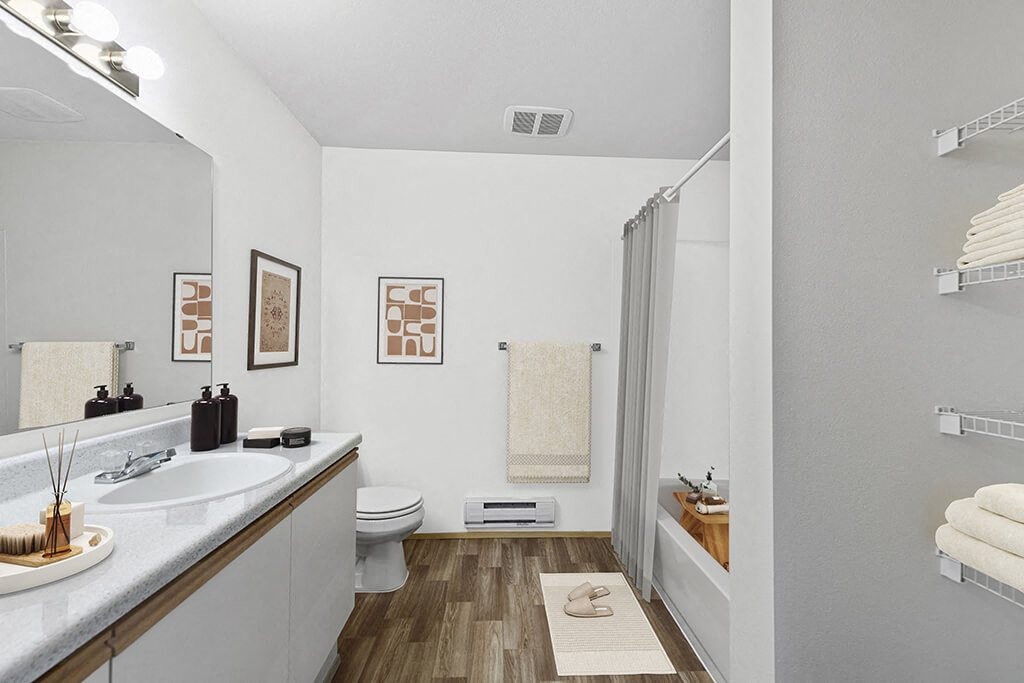 Bathroom with sink and shower at Lakewood Meadows Apartments in Lakewood WA